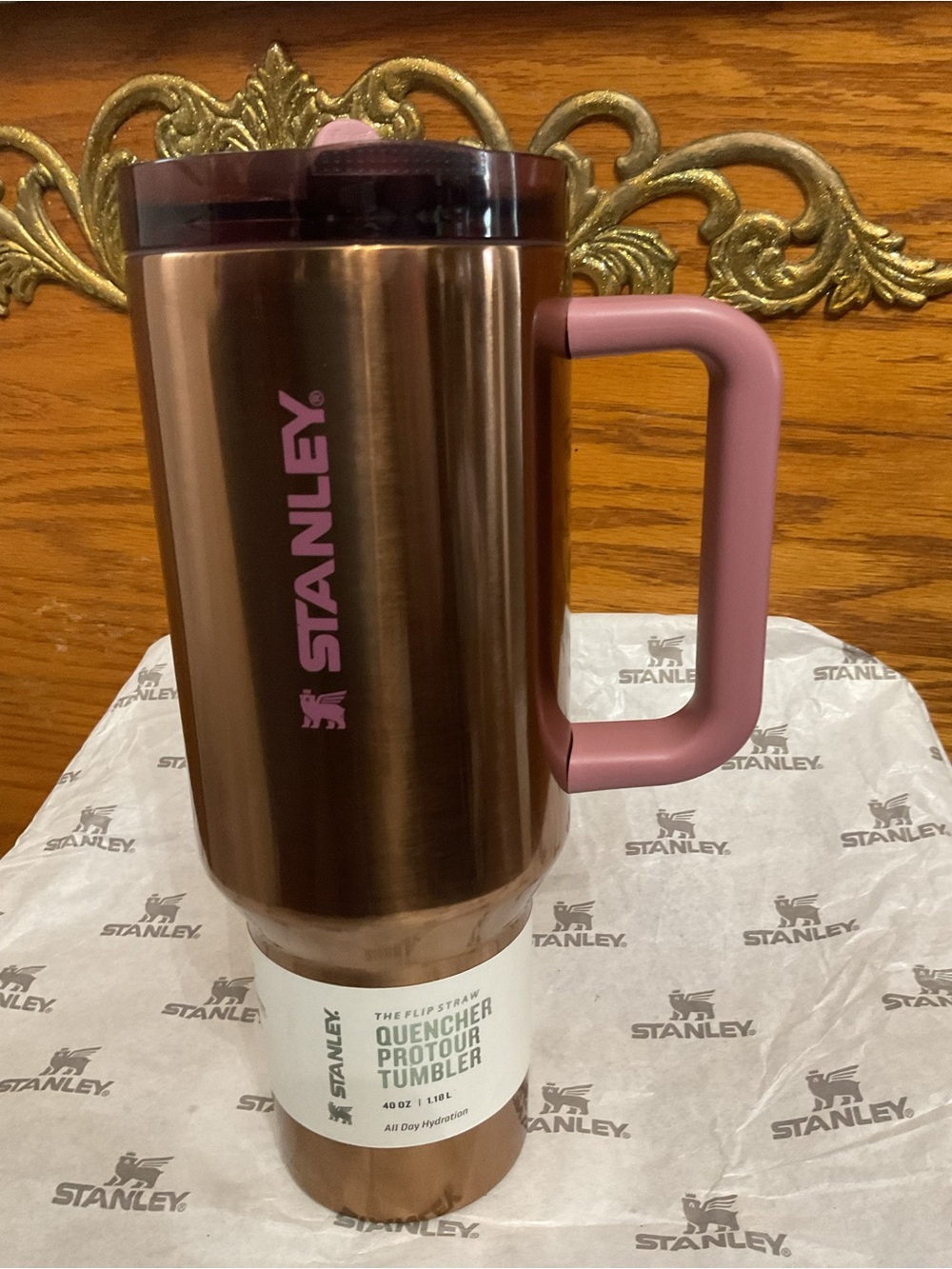 Stanley Rose Gold Travel Tumbler with Pink Handle